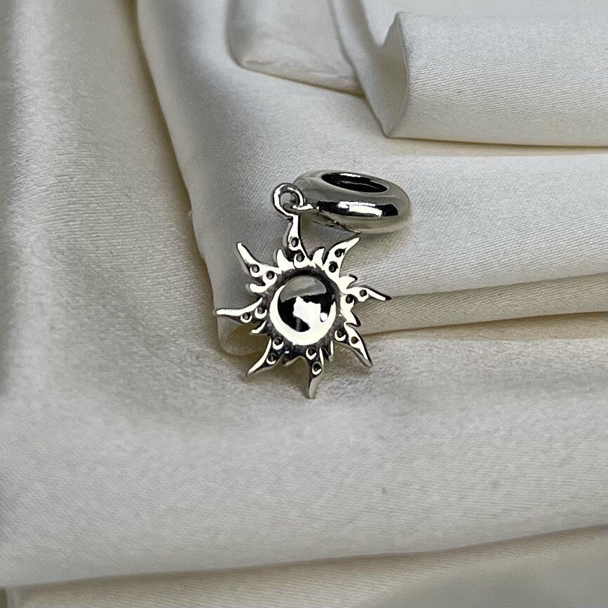 Sterling Silver 925 Enamel Turquoise Sun Star With Cubic Zirconia Dangle Charm