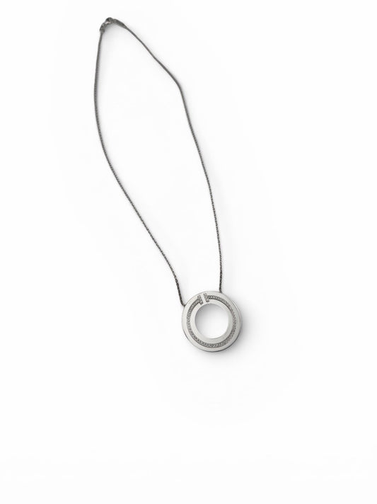 Tiffany & Co. 18k White Gold Diamond T Circle Pendant Necklace Large 30mm 18”