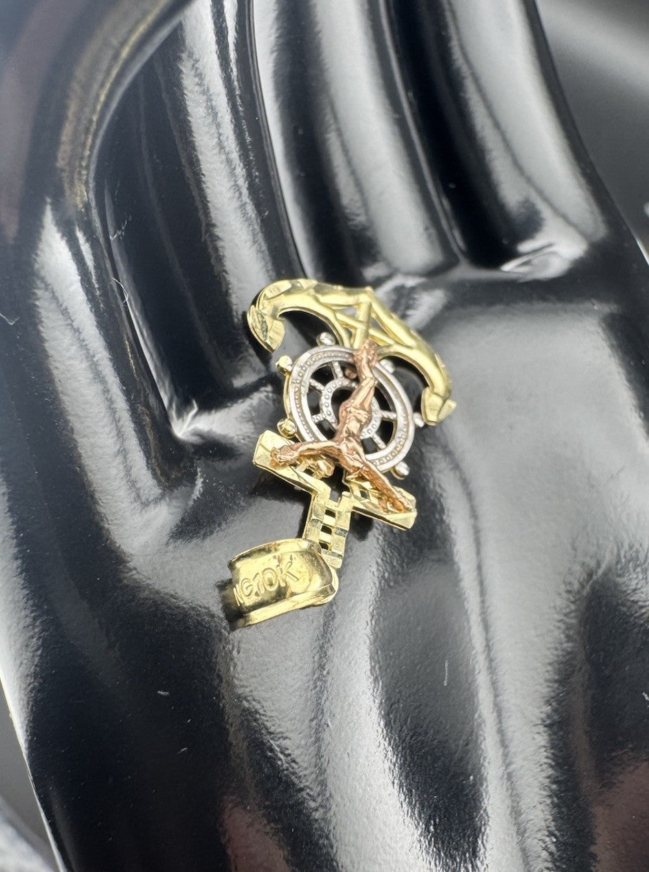 10K Tri Color Gold Jesus Cross Pendant Medium 16x29mm Diamond Cut Anchor Charm