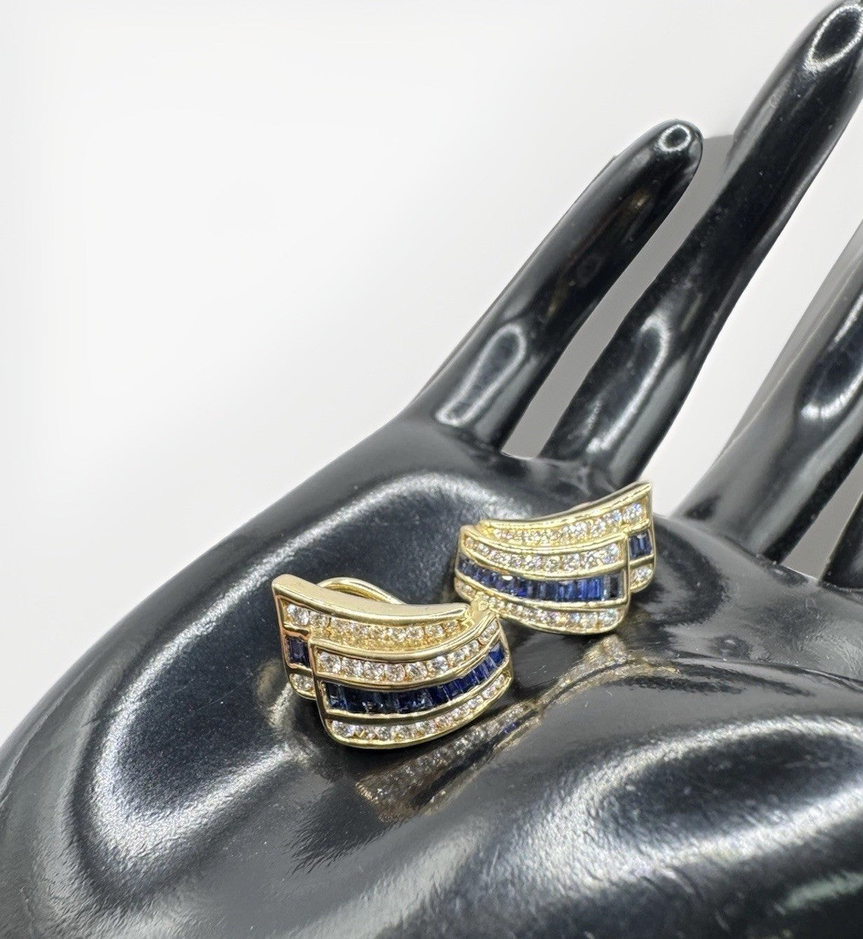 Charles Krypell 18K Yellow Gold Baguette Sapphire & Pave Diamond Earrings 12G