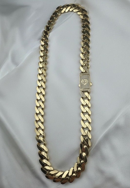 14K Yellow Gold Miami Cuban Link Chain Necklace 14.7mm 24.5 76.4 Gram Semi-Solid