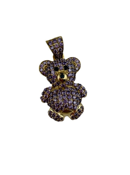 14K Gold Teddy Bear Pendant Purple Simulated Diamond Black Eyes 4.7 Gram 16x28mm