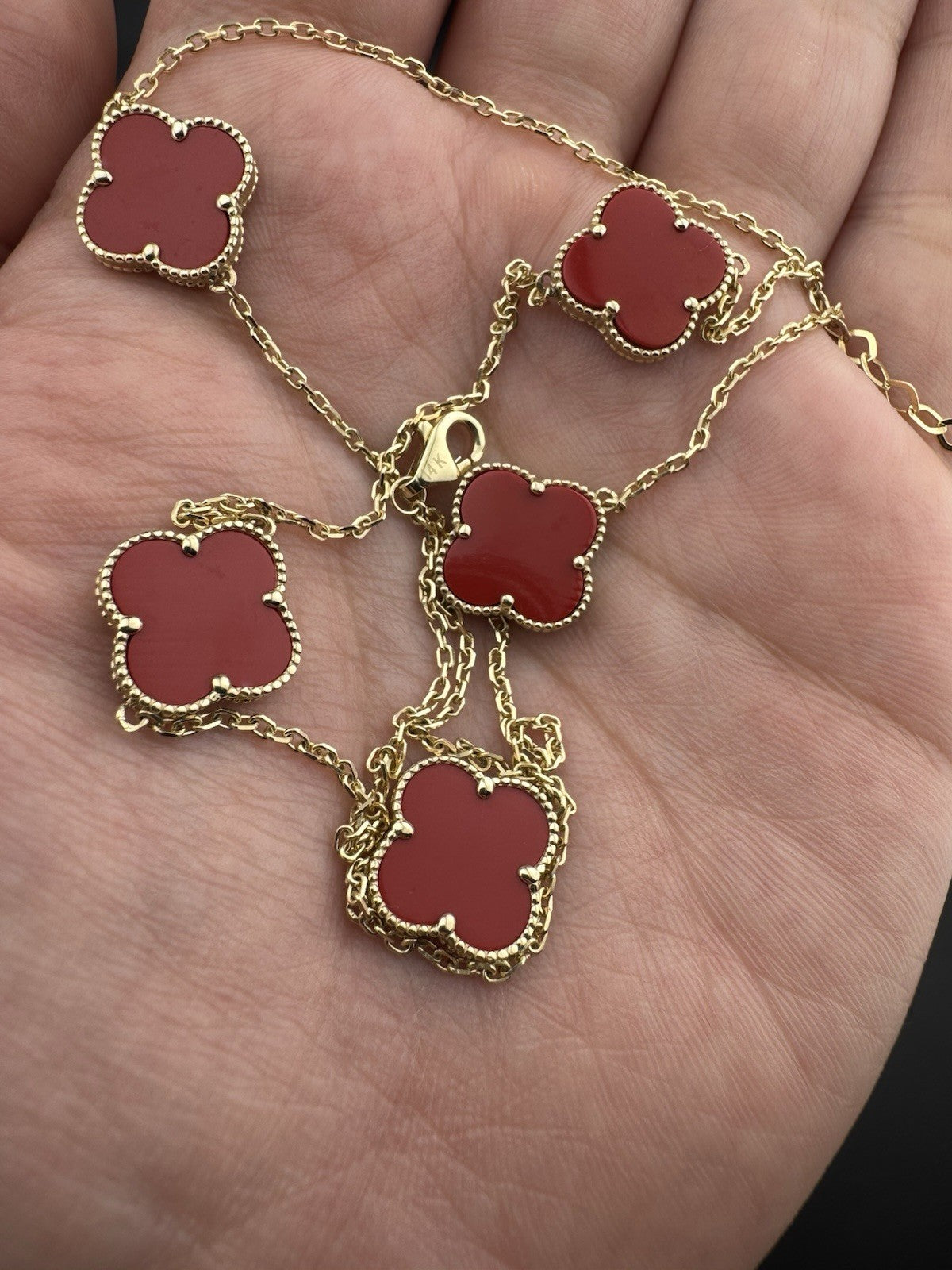 14K Gold Carnelian Sim Stone Lucky Clover Necklace 19.2in Adj 7.3 Gram
