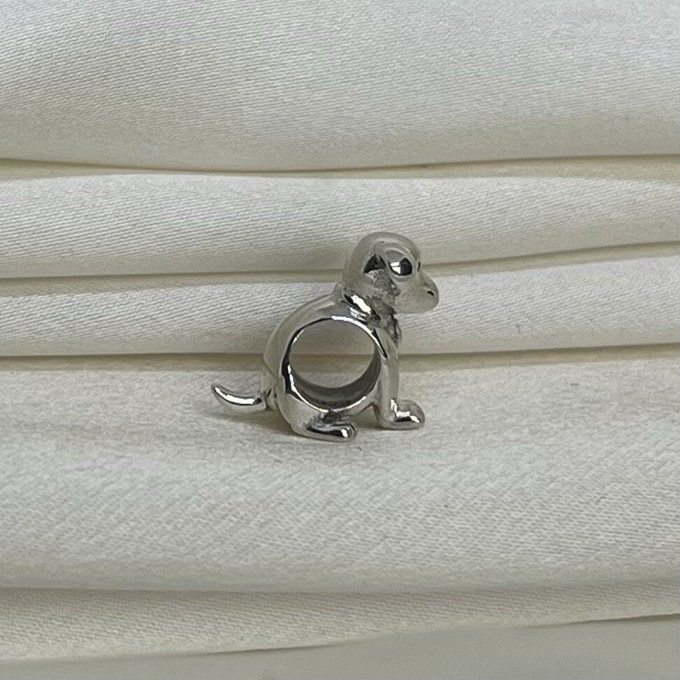 Sterling Silver Solid 925 European Playful Happy Dog Cubic Zirconia Stone Charm
