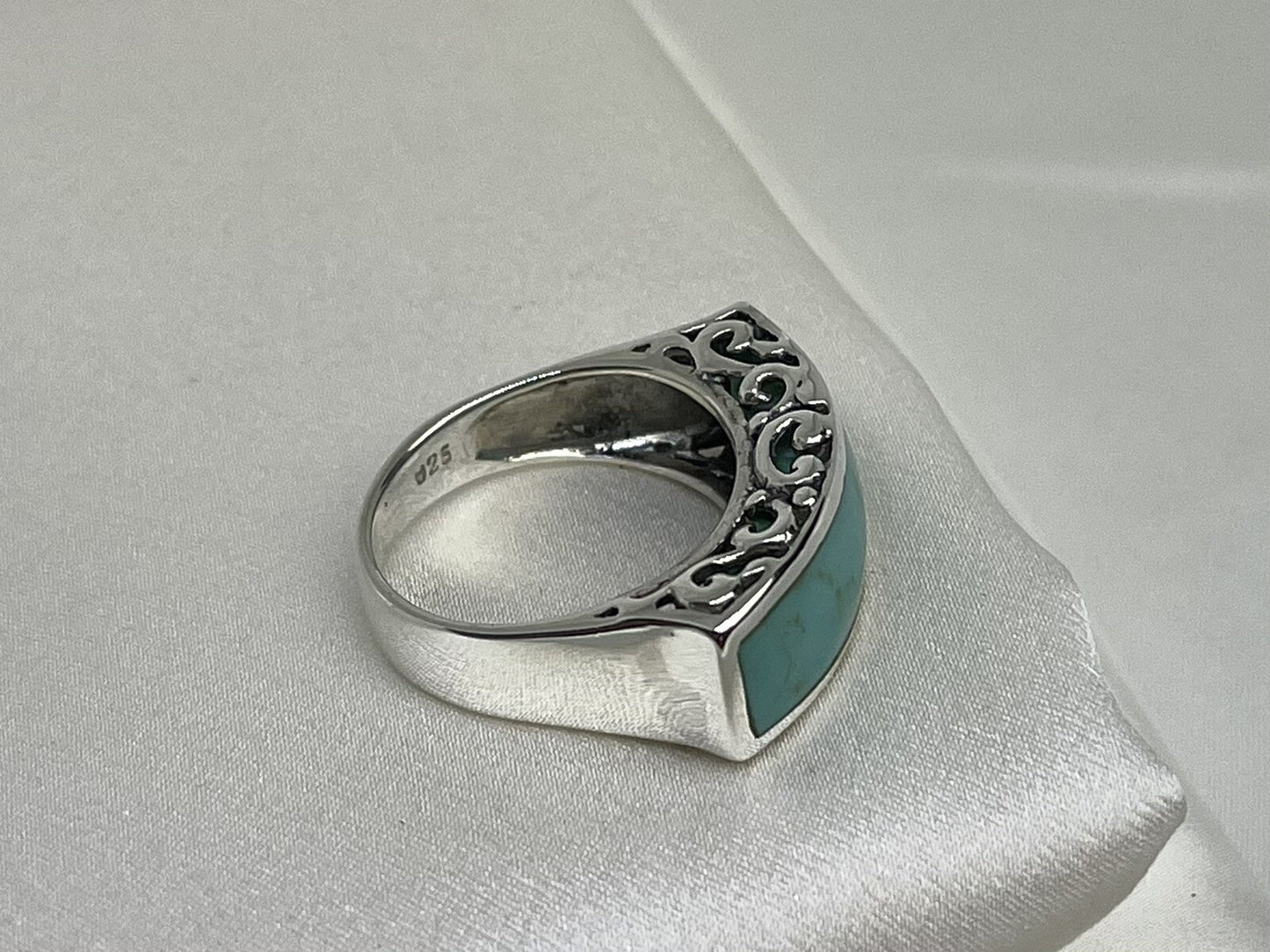 Turquoise Rectangle 9x24mm Sterling Silver 925 Hand Crafted Scroll Ring Sz 6.75