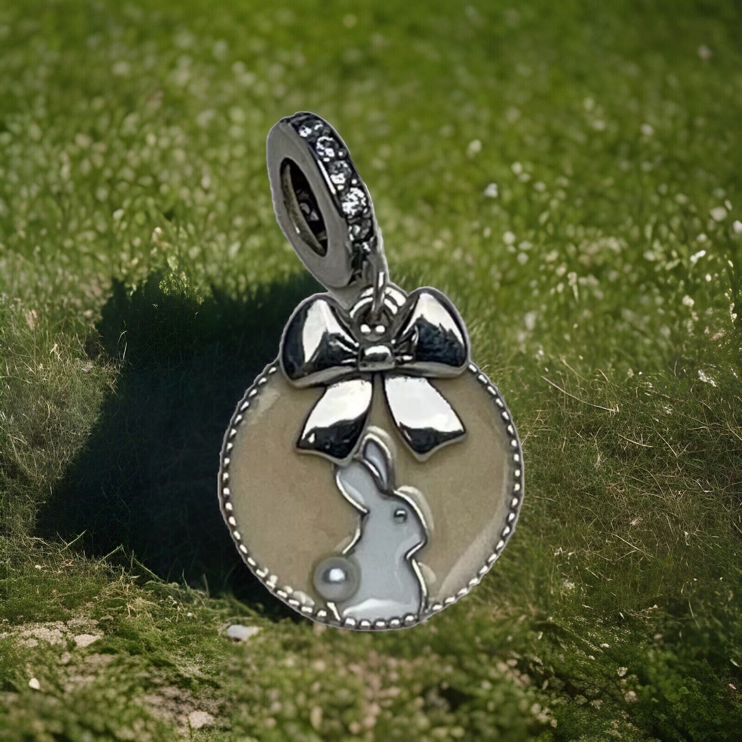 Sterling Silver 925 Enamel Beige Bow Bunny Pearl Cubic Zirconia Dangle Charm
