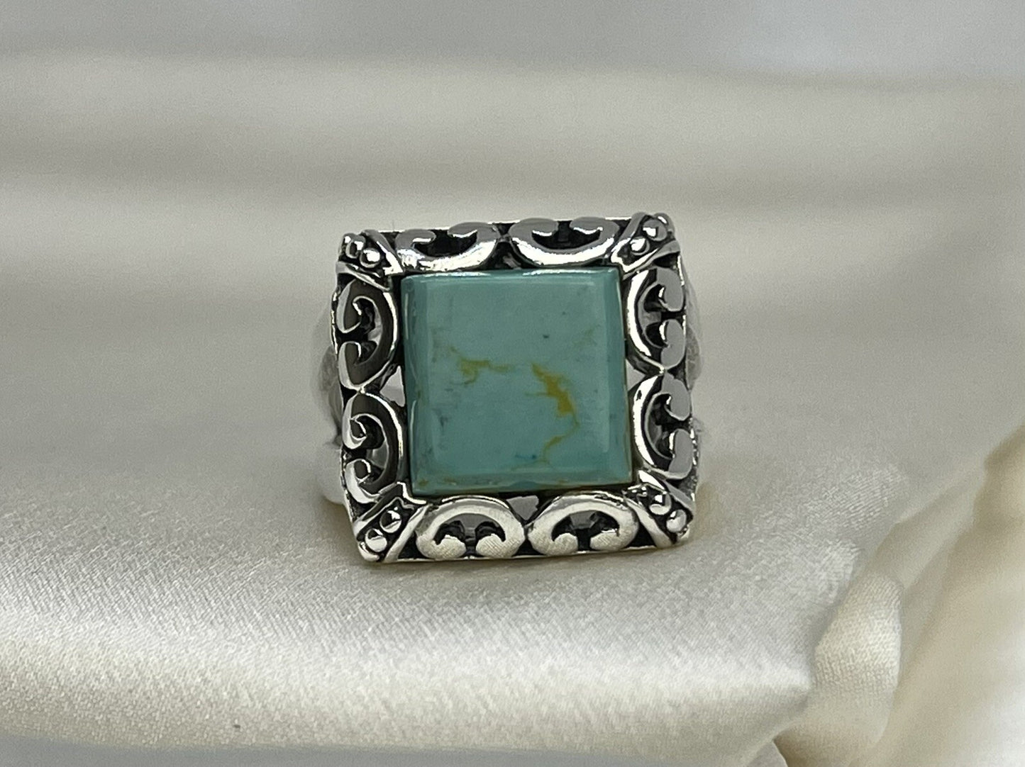 Turquoise Square 18x18mm Sterling Silver 925 Hand Crafted Scroll Ring Sz 7