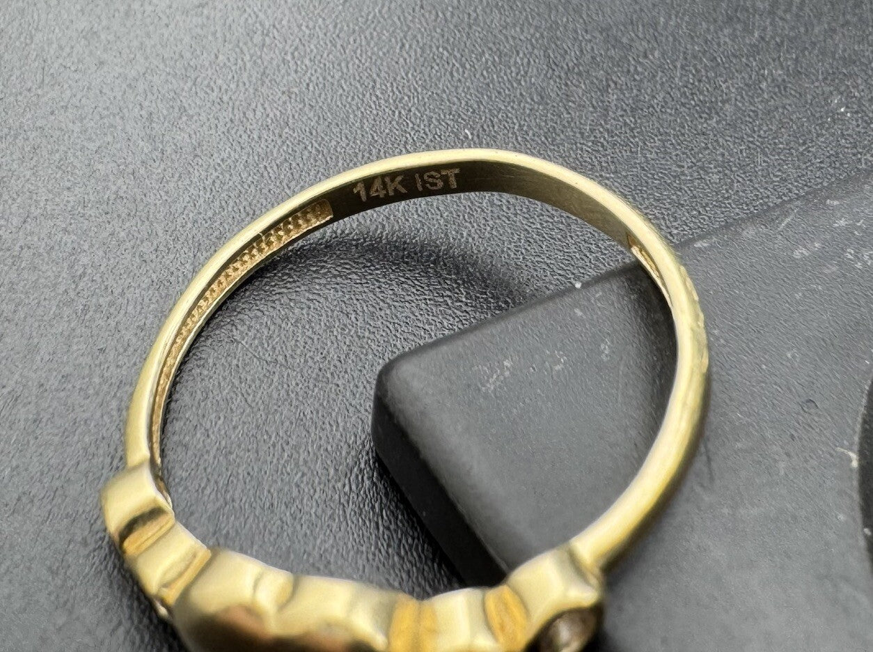 14K Yellow Gold Heart Claddagh Ring W Simulated Diamonds Stones – 2G, Sz 8.25