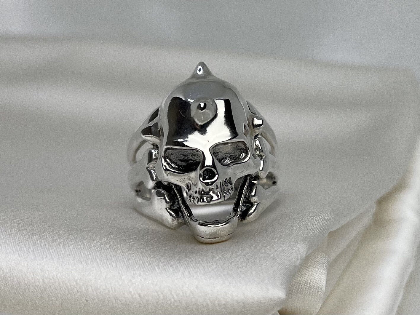 Skull Spikes Biker Warrior 19x28mm Sterling Silver 925 Hand Crafted Ring Sz 13.5