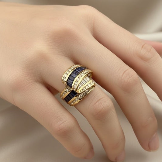Charles Krypell 18K Yellow Gold Sapphire & Diamond Ribbon Crossover Ring 13.4G