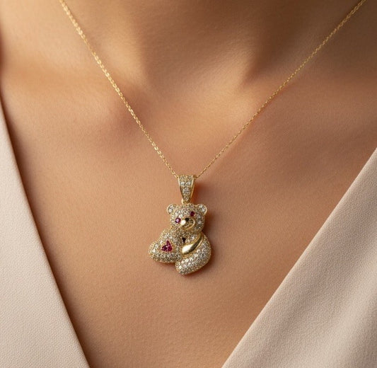 14K Gold Teddy Bear Pendant Sim Diamond Charm 27.88x17.40mm 4.2G Beltran Jewelry