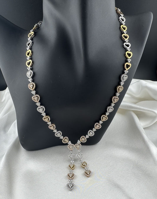 14K Yellow Gold Tri-Tone Heart Necklace Pave Stones 32G 17.25” 8mm Chain