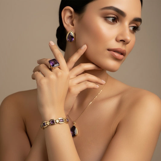 14K Yellow Gold 4 Piece Jewelry Set Bracelet Ring Pendant Earring 70.5G Purple