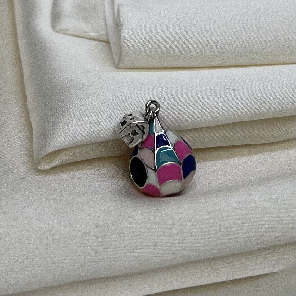 Sterling Silver 925 Enamel Colorful Hot Air Balloon with House Dangle Charm