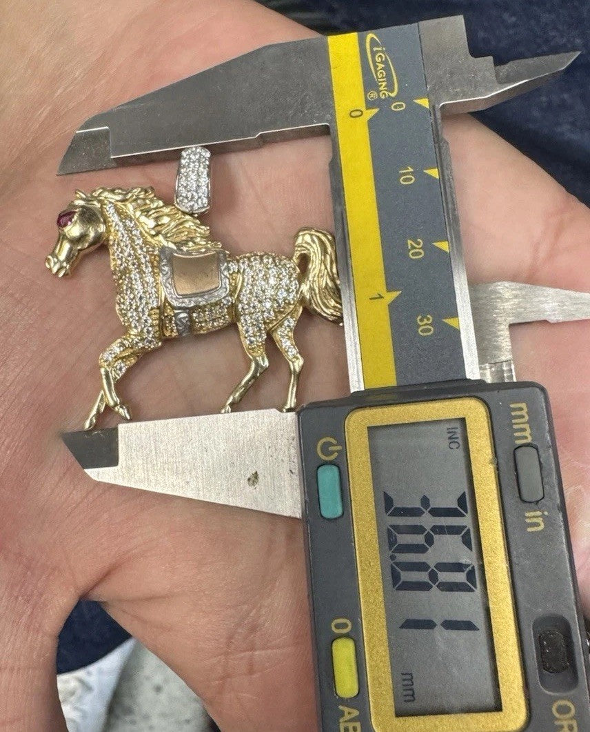 14K Tri Gold 3D Race Horse Pendant 7.3 Grams 40x36mm CZ Diamond Red Eye Stone