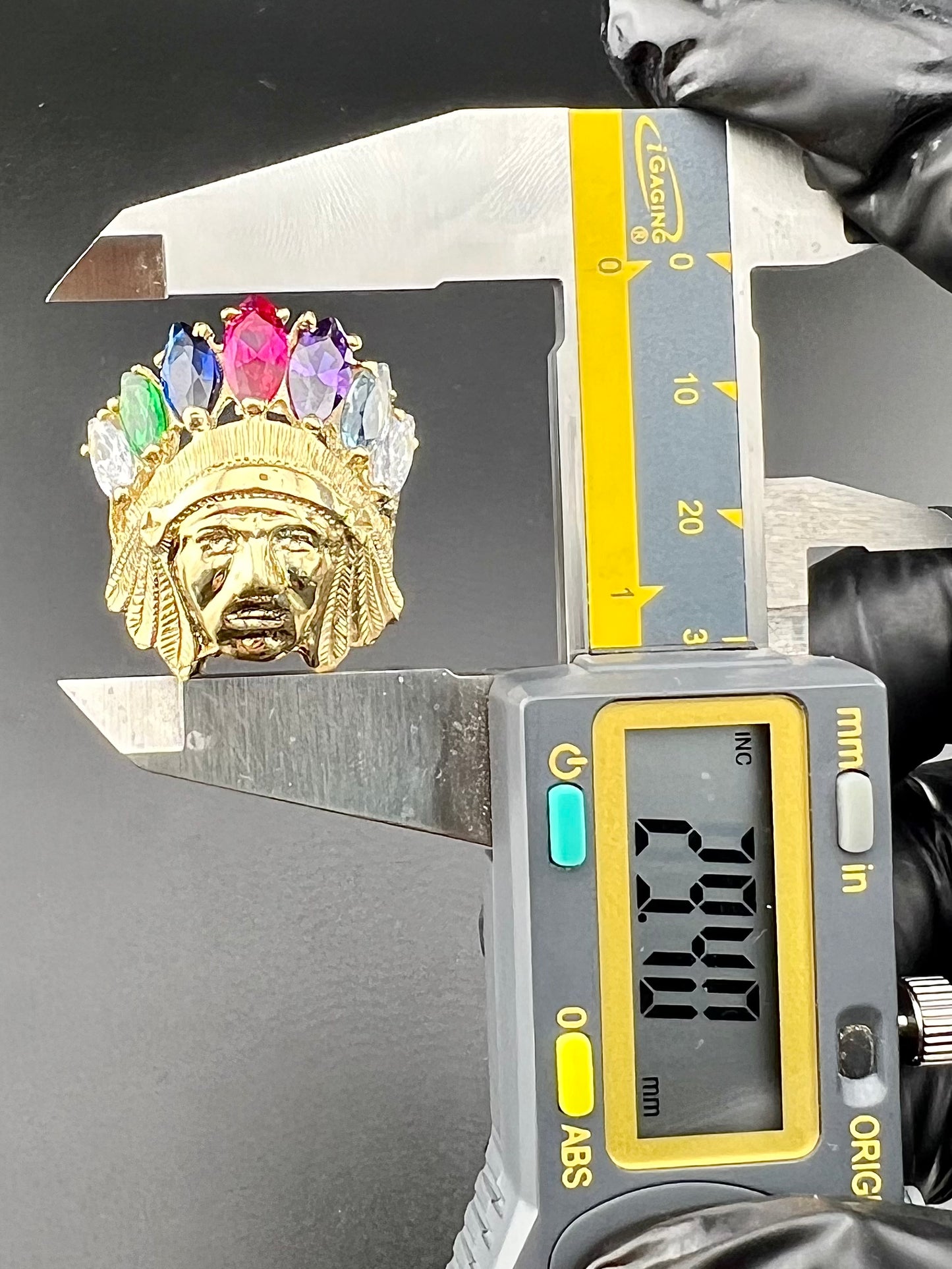 14K Indian Head Ring with CZ Feathered Crown - 12g, Size 12, 29.40x25.27mm
