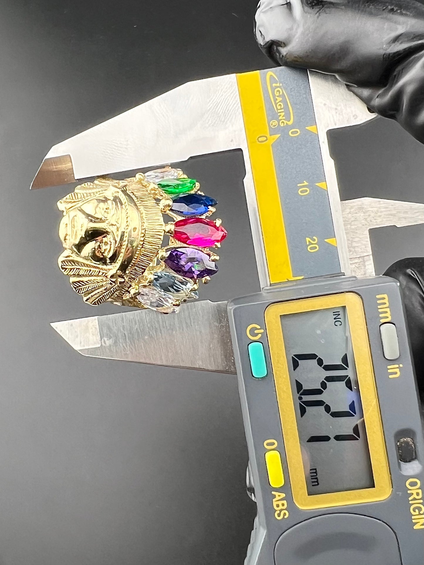 14K Indian Head Ring with CZ Feathered Crown - 12g, Size 12, 29.40x25.27mm