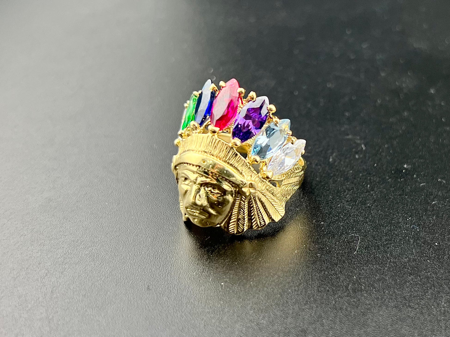 14K Indian Head Ring with CZ Feathered Crown - 12g, Size 12, 29.40x25.27mm