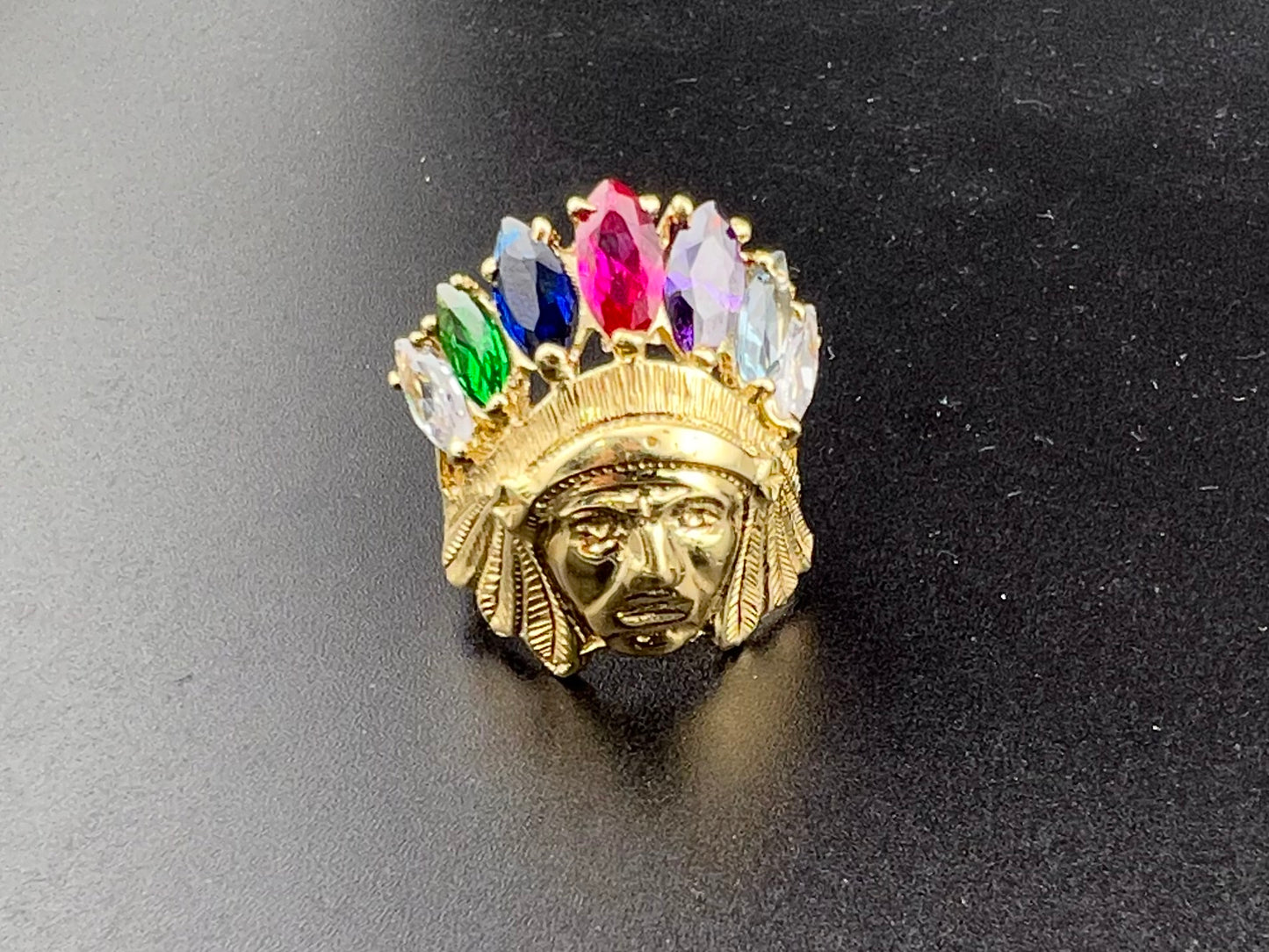 14K Indian Head Ring with CZ Feathered Crown - 12g, Size 12, 29.40x25.27mm