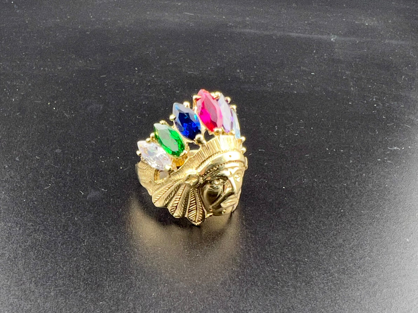 14K Indian Head Ring with CZ Feathered Crown - 12g, Size 12, 29.40x25.27mm