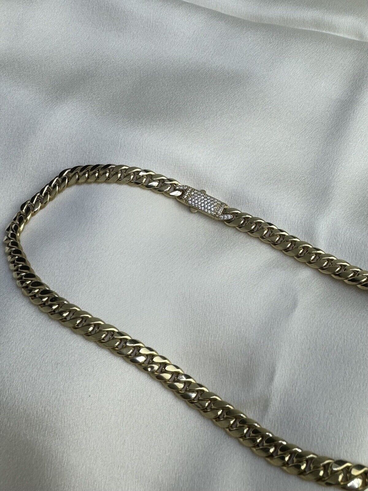 14K Yellow Gold 16.6 Grams Miami Cuban Link Chain 7.45mm Necklace W CZ 18.25in
