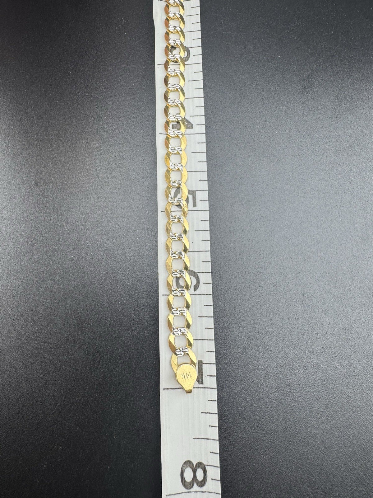 Pulsera Clásica Oro Amarillo 14K Eslabón Cubano Freno 7mm 7in Corte Diamante 9.5 Gramos