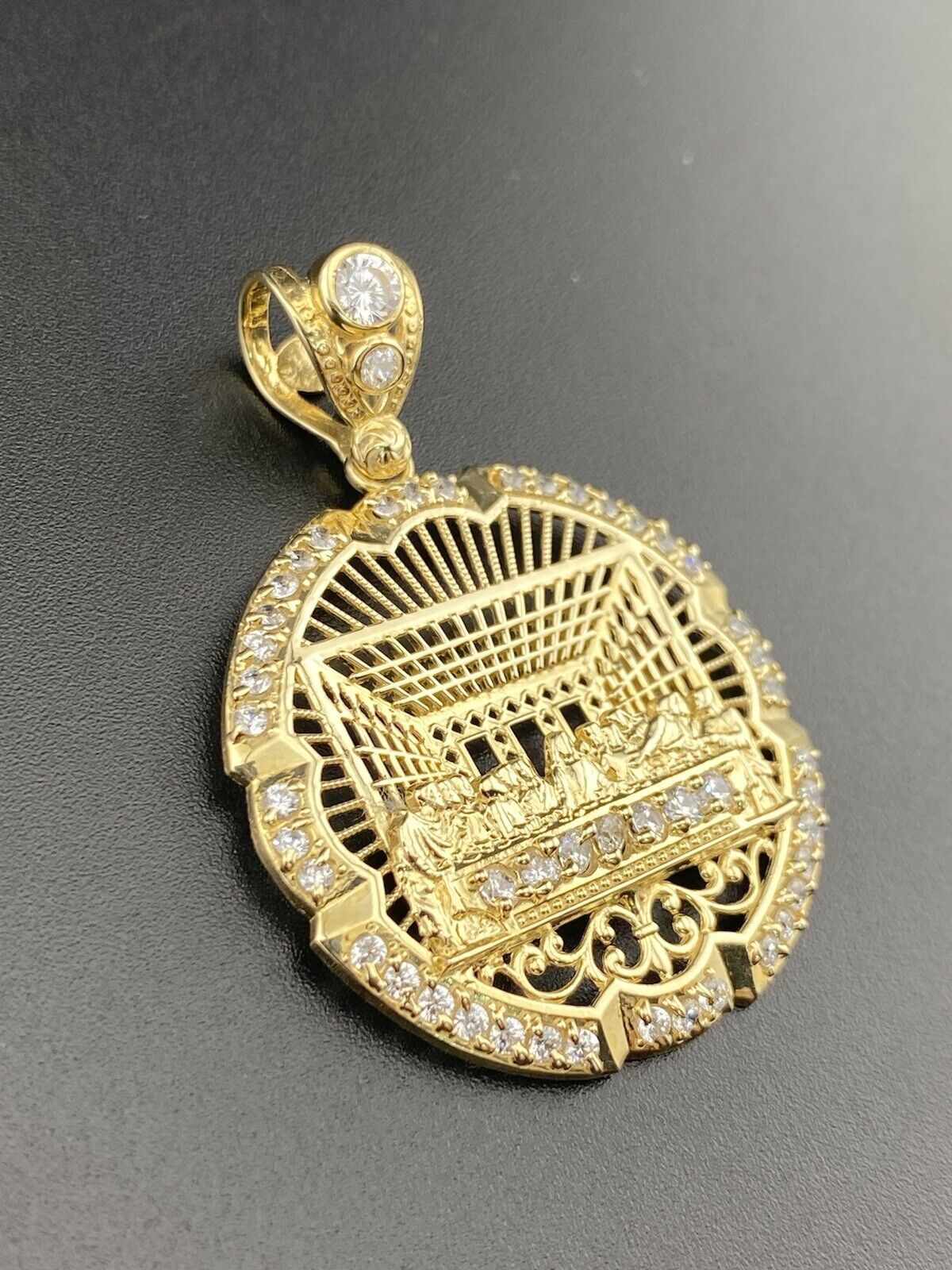14K Yellow Gold 3D Last Supper Church Pendant 7.9G CZ Glamour Large 46x34mm