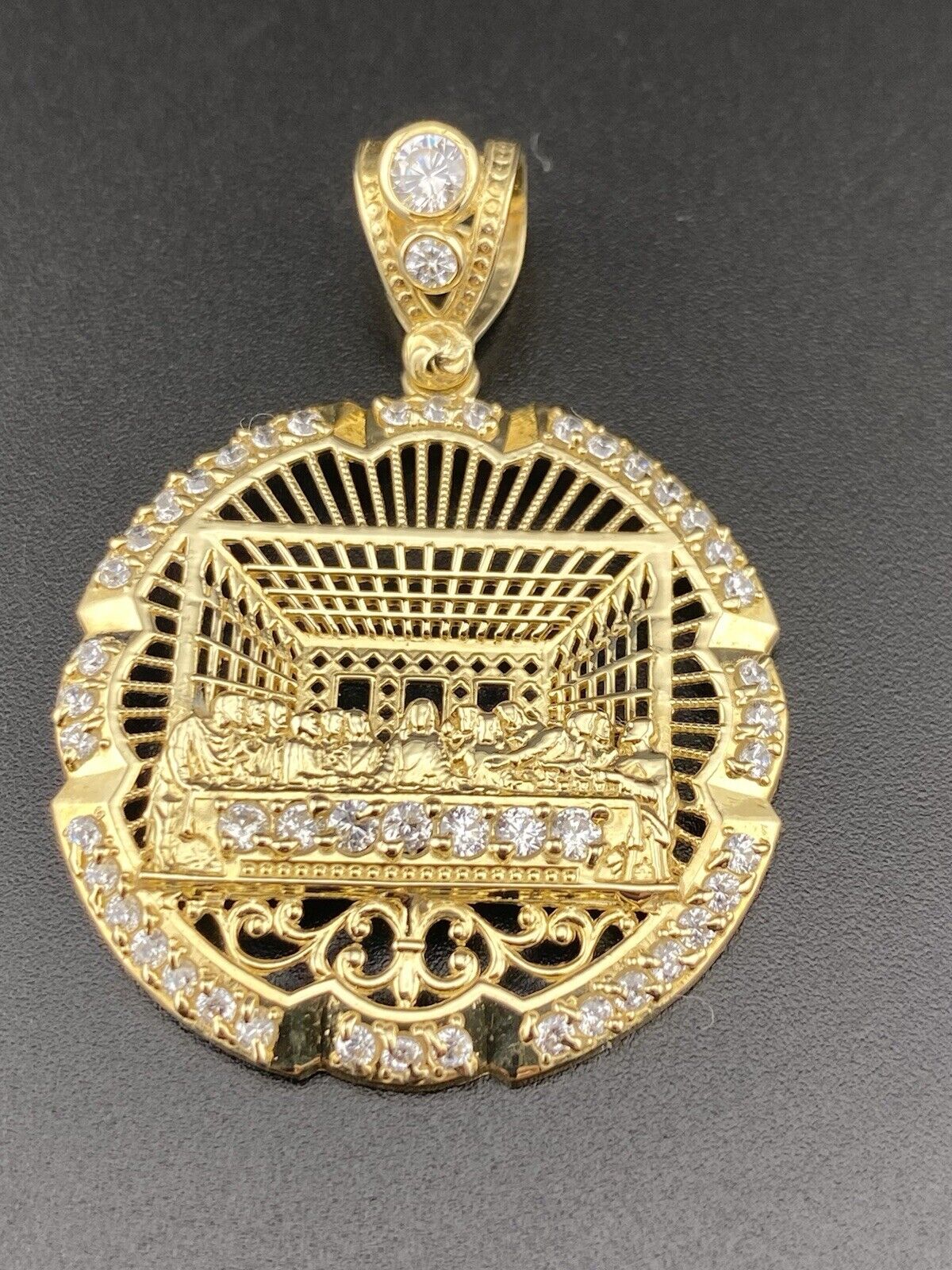 14K Yellow Gold 3D Last Supper Church Pendant 7.9G CZ Glamour Large 46x34mm