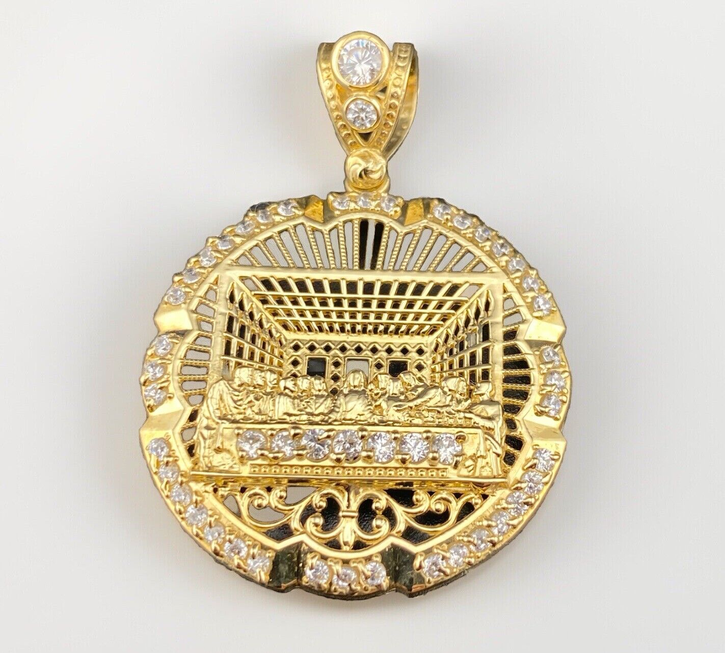 14K Yellow Gold 3D Last Supper Church Pendant 7.9G CZ Glamour Large 46x34mm