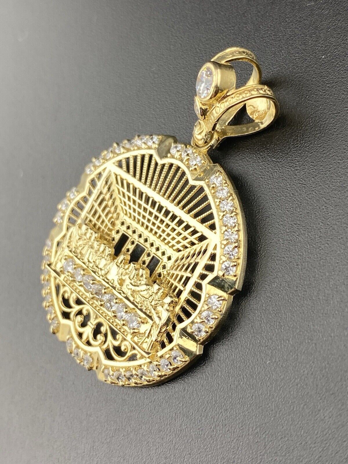 14K Yellow Gold 3D Last Supper Church Pendant 7.9G CZ Glamour Large 46x34mm