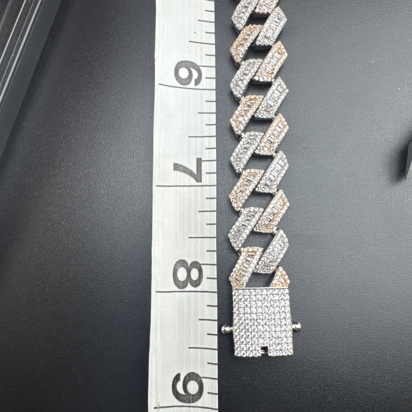 925 Silver Rose Gold Cuban Link Bracelet 8.5in 14mm Iced CZ Baguette 50.9 Grams