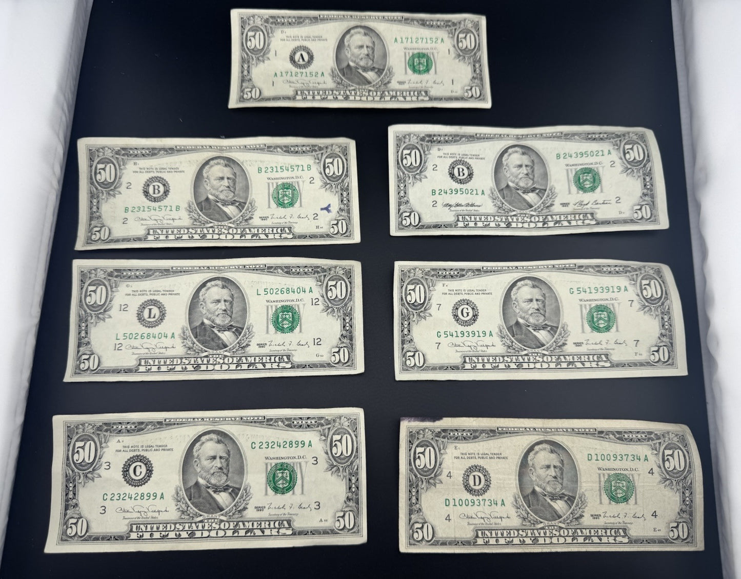 Lot of 7 X $50 U.S. Bills – Series 1990 Printing Errors & Misalignment $350 Face