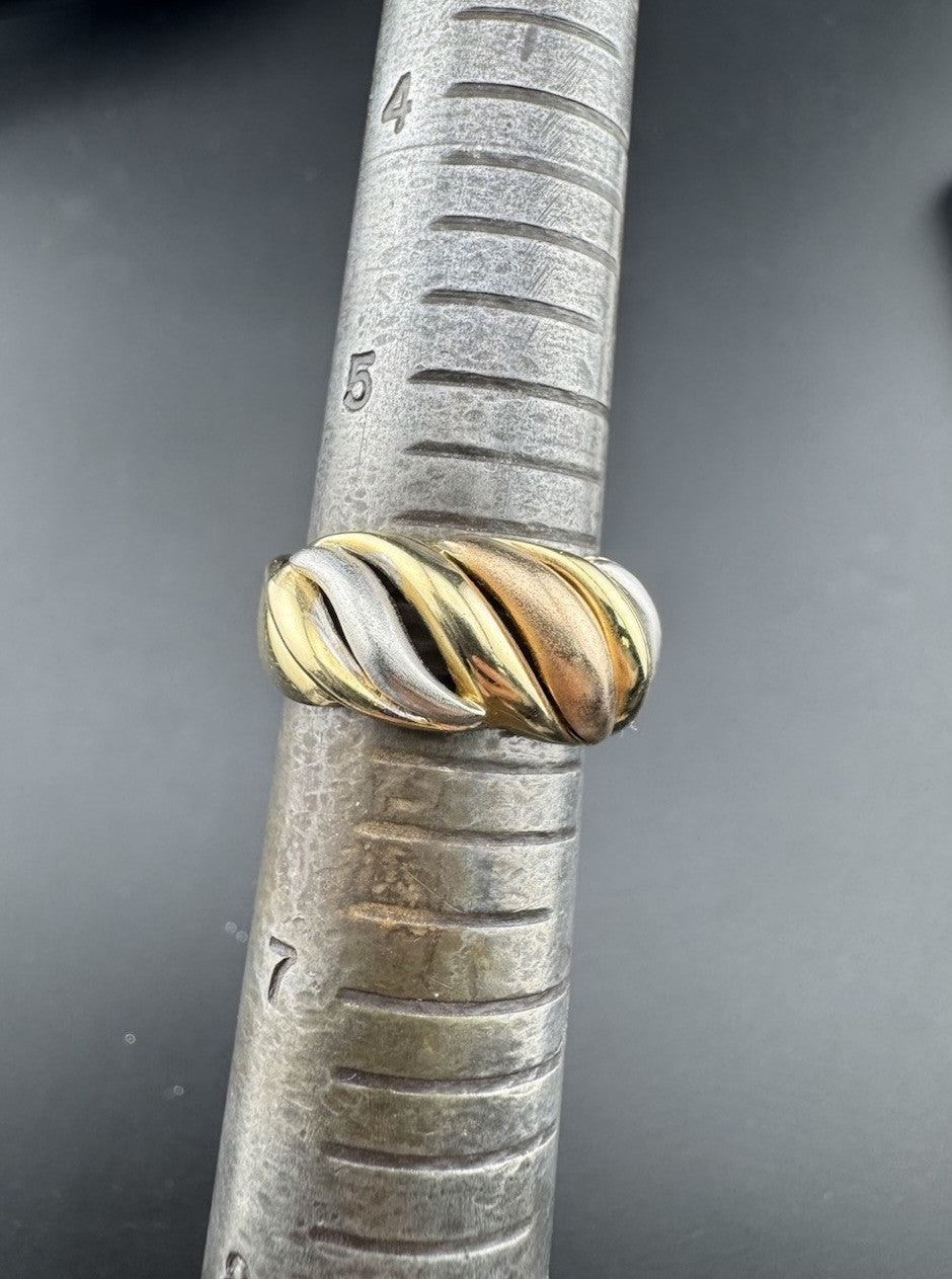 14K Tri-Tone Gold Twist Swirl Ring Rose, White, Yellow Gold 5.4G 9.7mm Sz 5.75