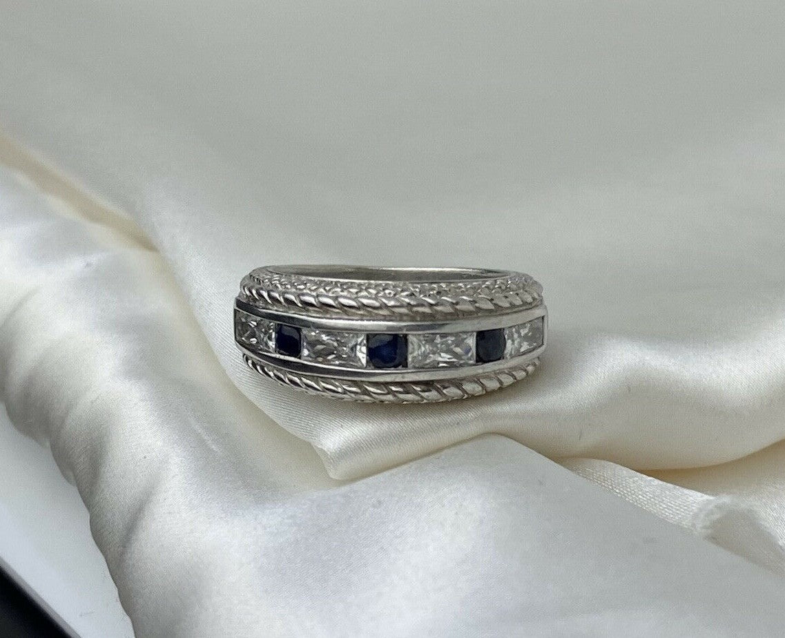 Vintage Judith Ripka 925 Silver Blue Sapphire & Cubic Zirconia 8.5mm Ring Size 7