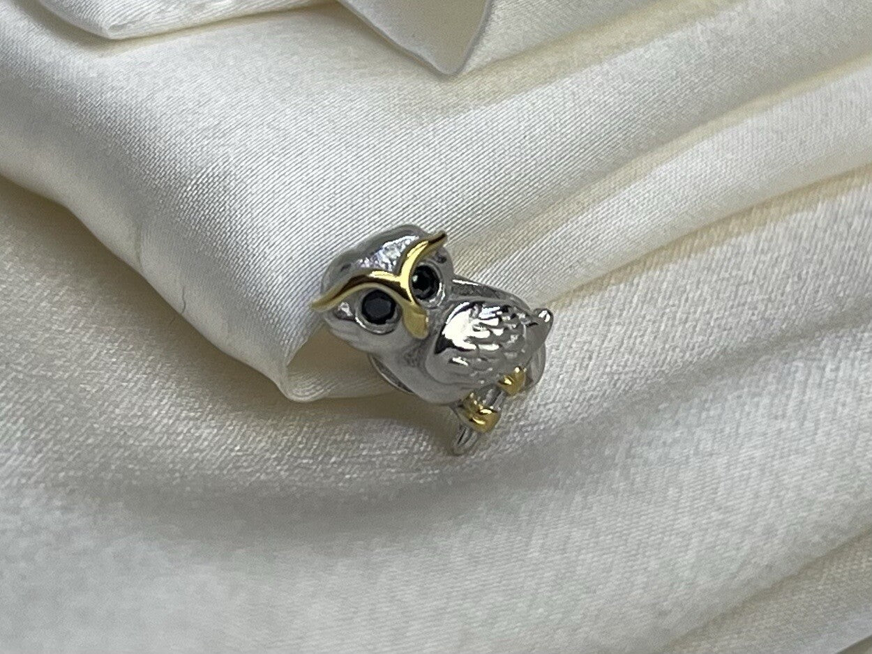 Sterling Silver 925 Owl With Black CZ Stone Eyes European Charm