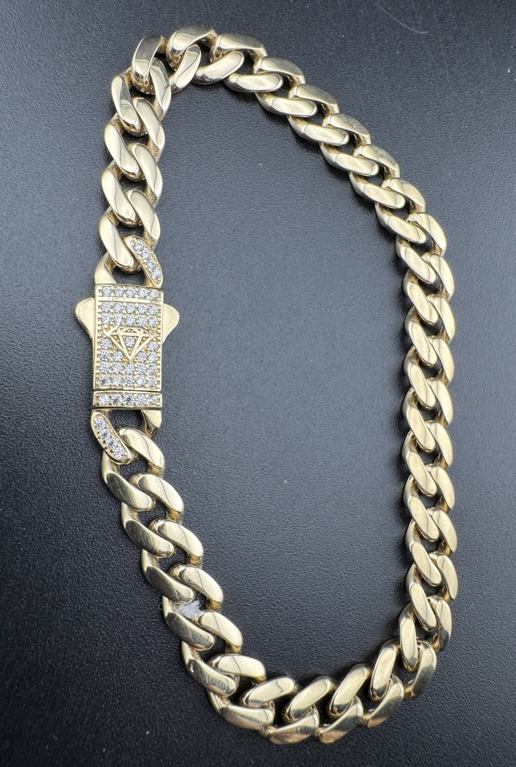 Pulsera cubana de oro de 14K Miami 7.5in 6.70mm 9.6G con emblema de circonita cúbica, cierre de seguridad con pulsador
