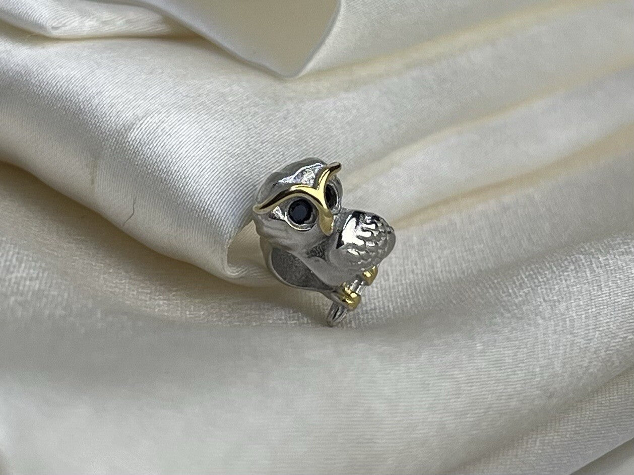 Sterling Silver 925 Owl With Black CZ Stone Eyes European Charm