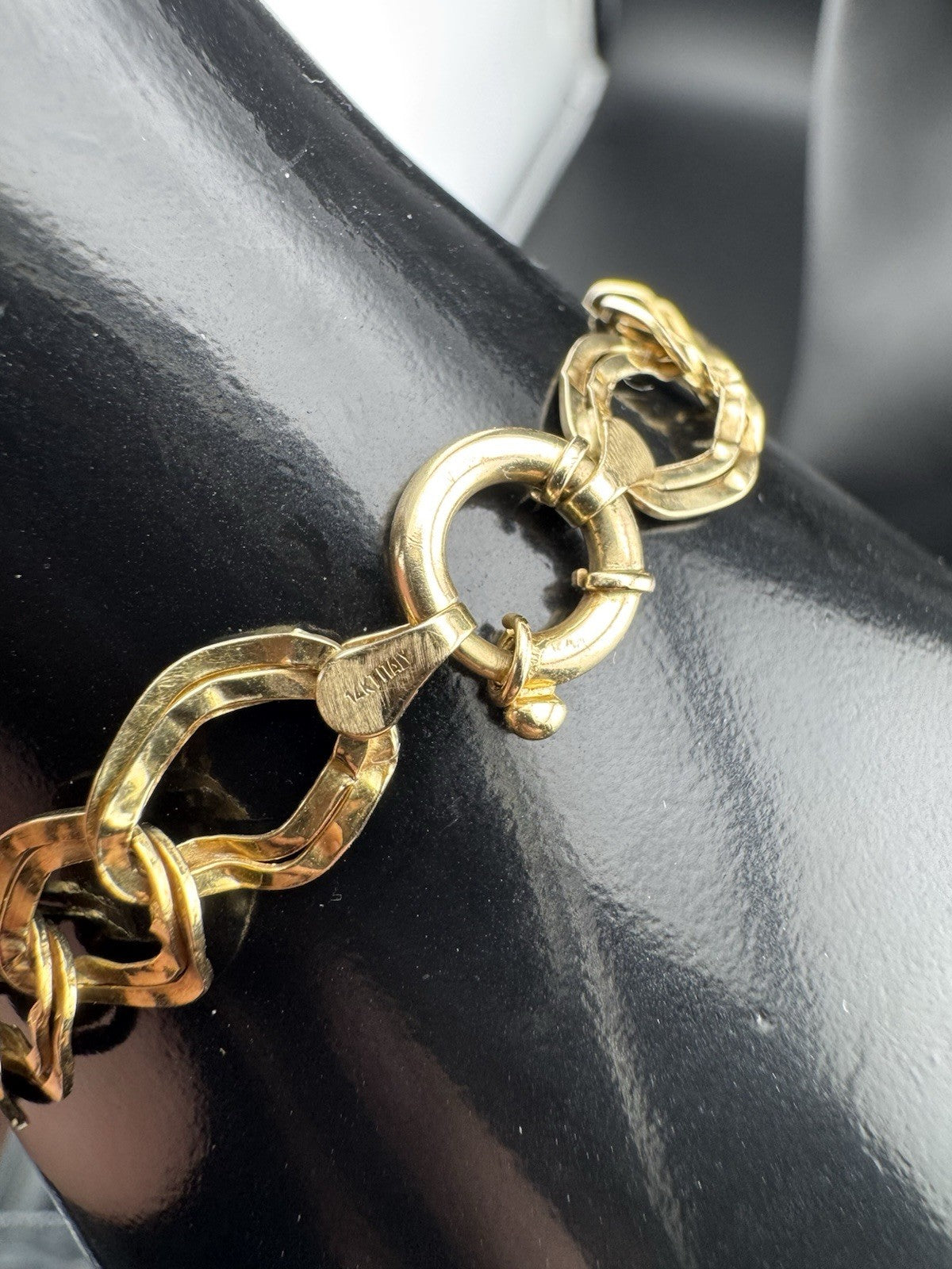 Pulsera geométrica vintage de oro amarillo de 14 quilates con doble eslabón en zigzag, 3.2 g, 7.25 pulgadas, Italia