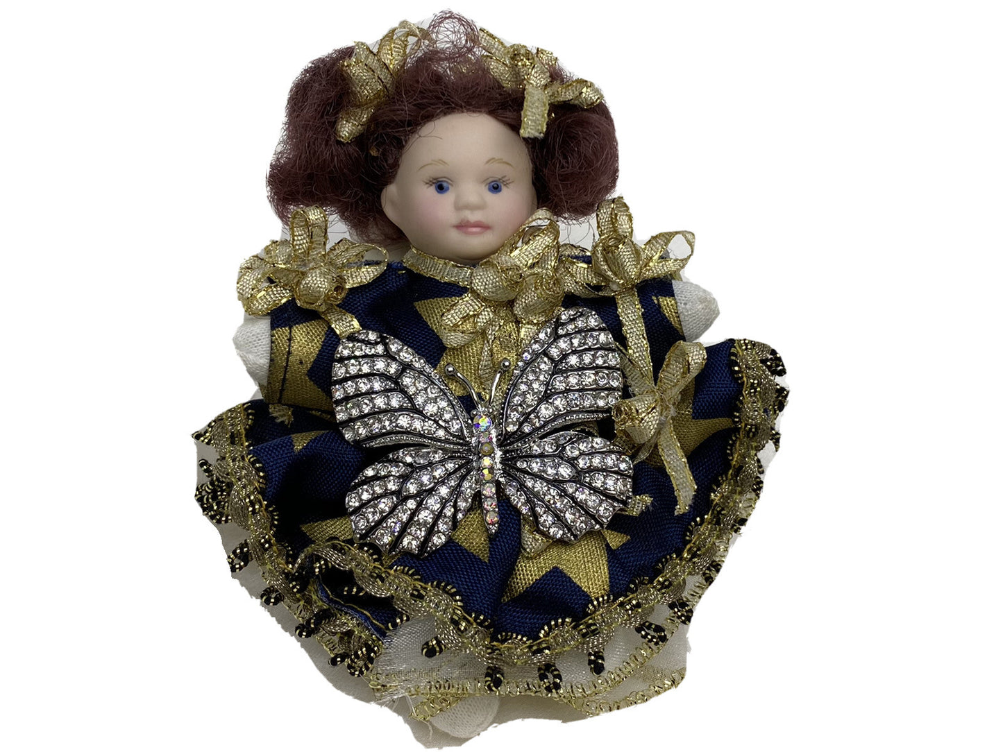 Vintage Porcelain Plush Girl Doll 4 Inch with Butterfly Crystal Pin Brooch