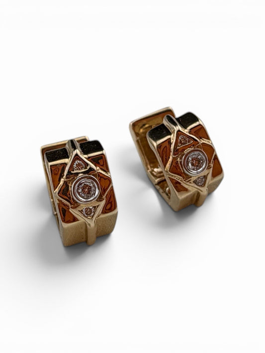 14K Yellow Gold Diamond Geometric Huggie Earrings 5.7 Grams Hinged 13.13x6.59mm