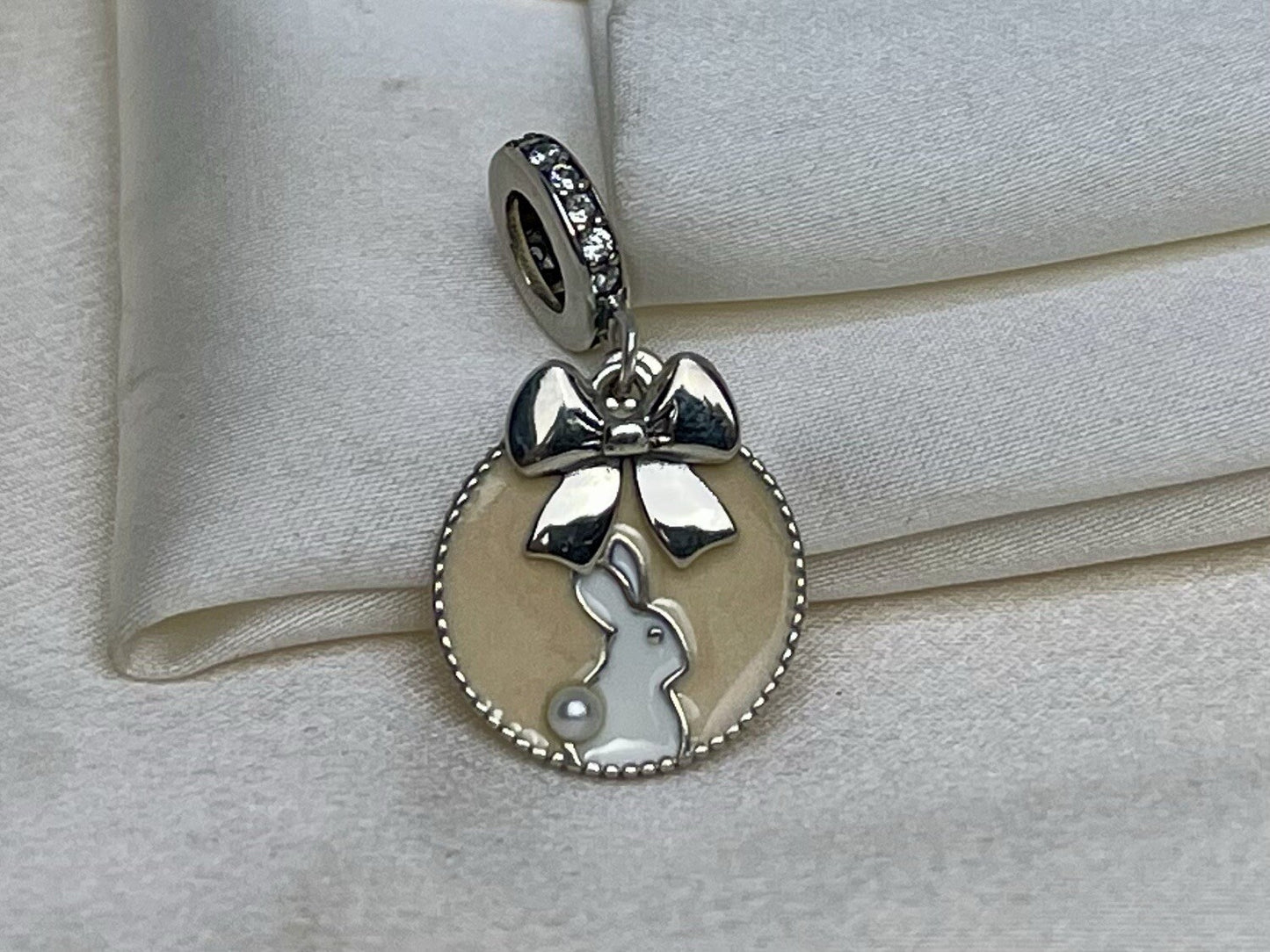 Sterling Silver 925 Enamel Beige Bow Bunny Pearl Cubic Zirconia Dangle Charm
