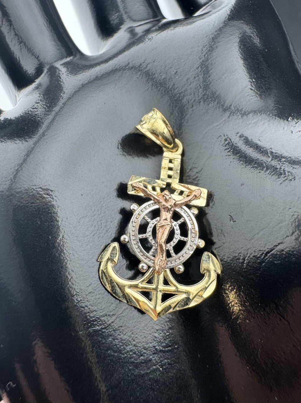 10K Tri Color Gold Jesus Cross Pendant Medium 16x29mm Diamond Cut Anchor Charm