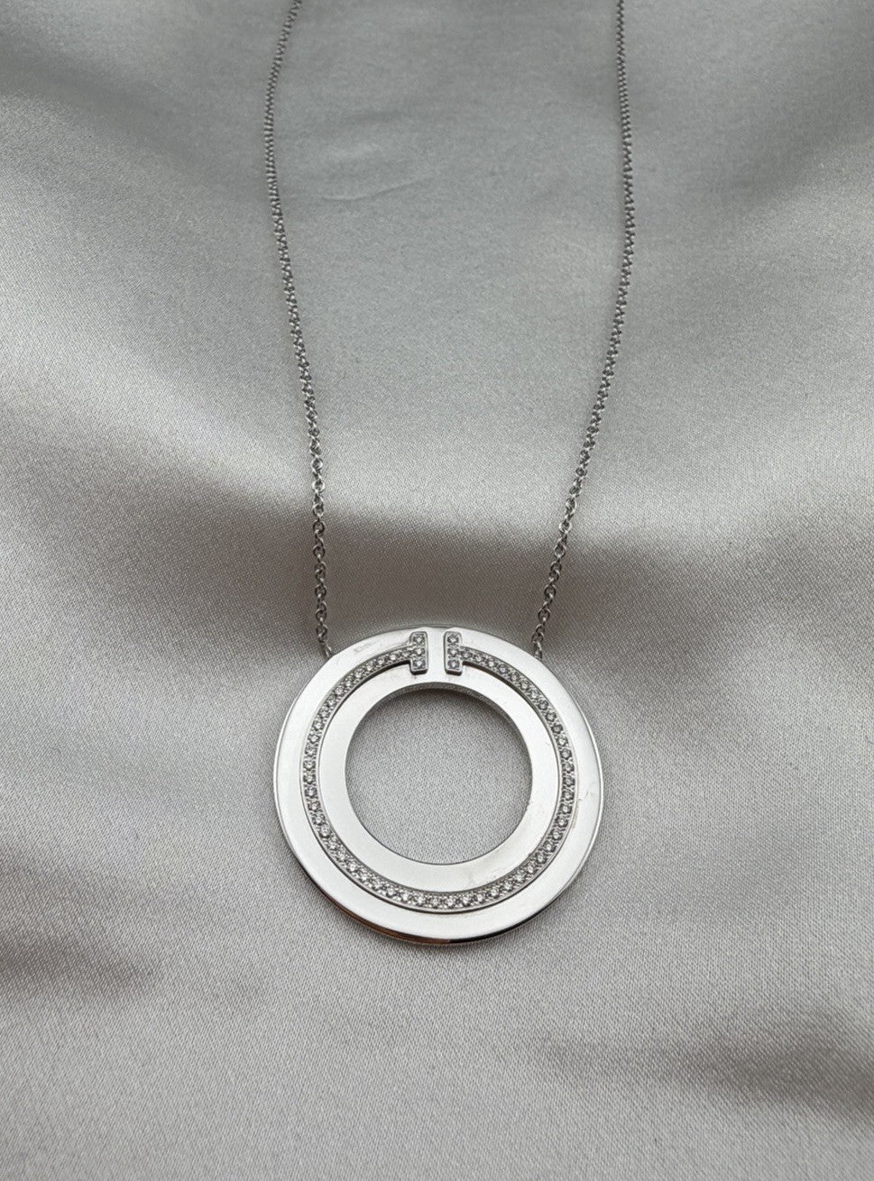 Tiffany & Co. 18k White Gold Diamond T Circle Pendant Necklace Large 30mm 18”