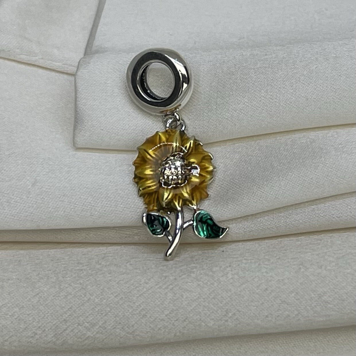 Sterling Silver 925 Enamel Cubic Zirconia Vibrant Sunflower Dangle Charm