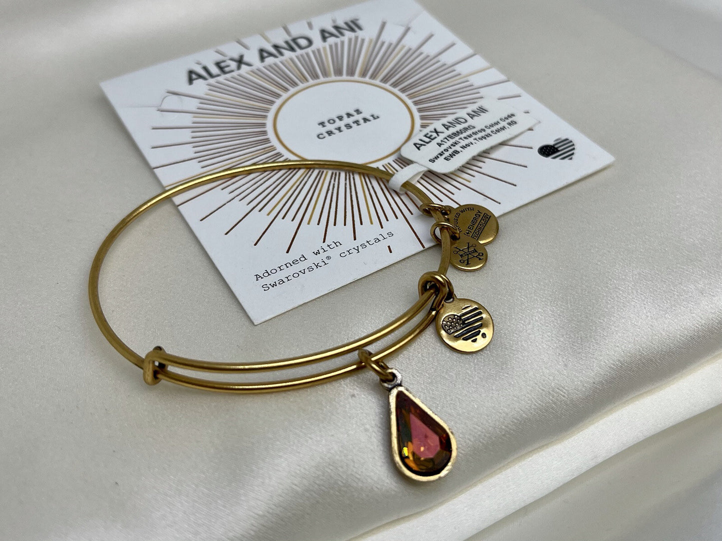 Alex and Ani Swarovski Teardrop Topaz Birth Stone Rafaelian Gold Charm Bangle