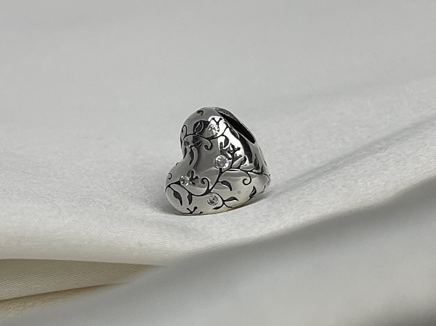 Sterling Silver 925 Cubic Zirconia Stone Flower Leaf Vine Heart Love Charm