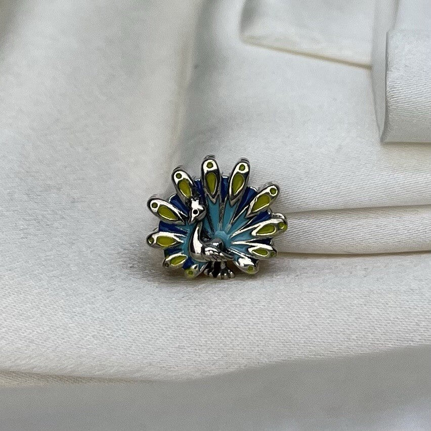 Sterling Silver 925 European Enamel Colorful Vibrtant Peacock, Turkey Charm