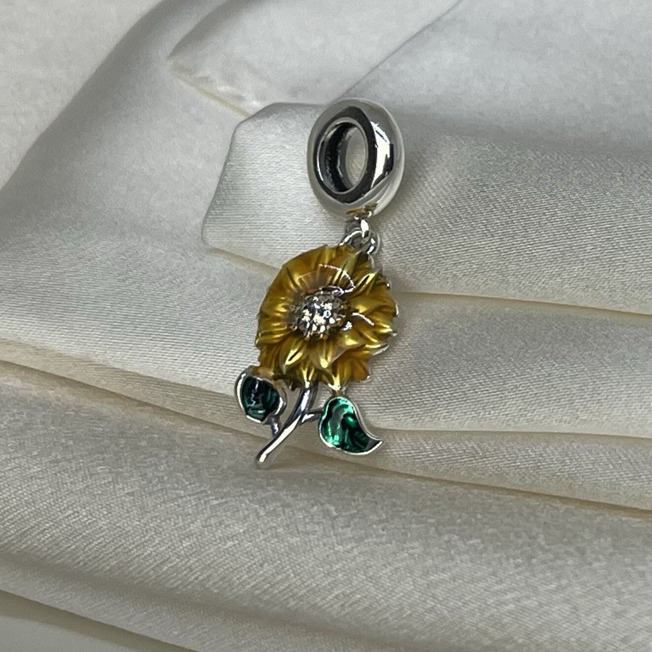 Sterling Silver 925 Enamel Cubic Zirconia Vibrant Sunflower Dangle Charm
