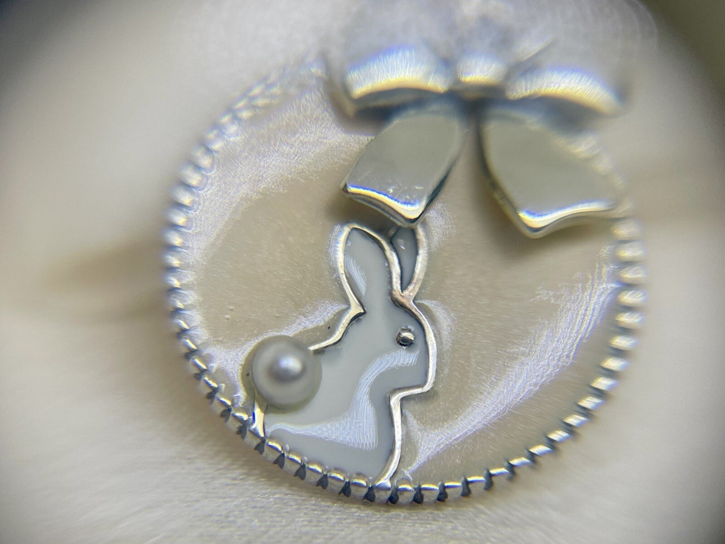 Sterling Silver 925 Enamel Beige Bow Bunny Pearl Cubic Zirconia Dangle Charm