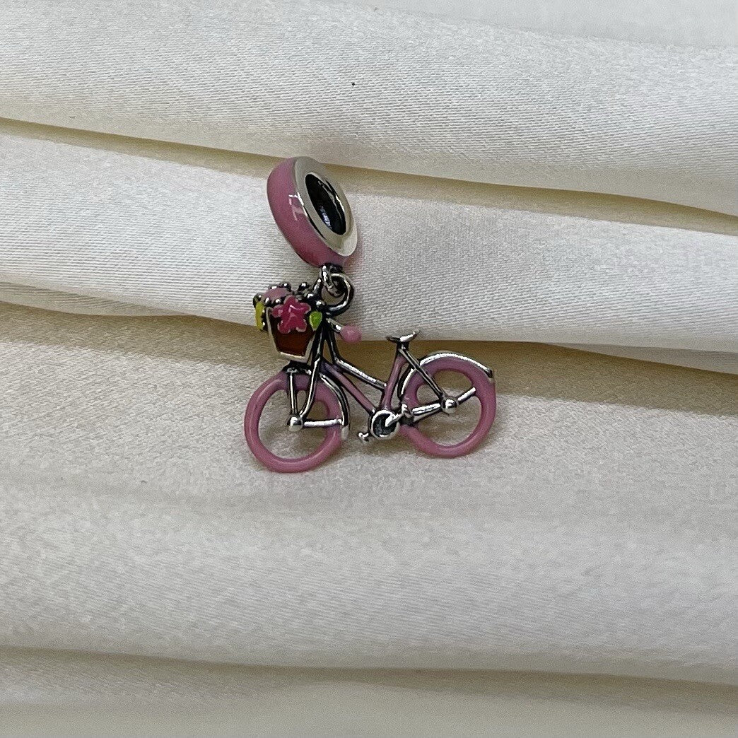 Sterling Silver 925 Enamel Pink Bicycle with Basket & Flowers Dangle Charm Bike